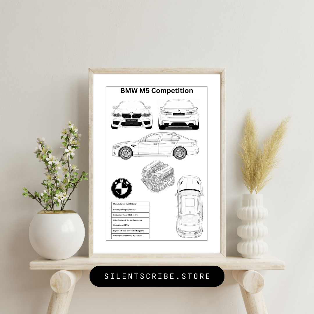 BMW M5 Competition Blueprint Drawing, Perfect Gift