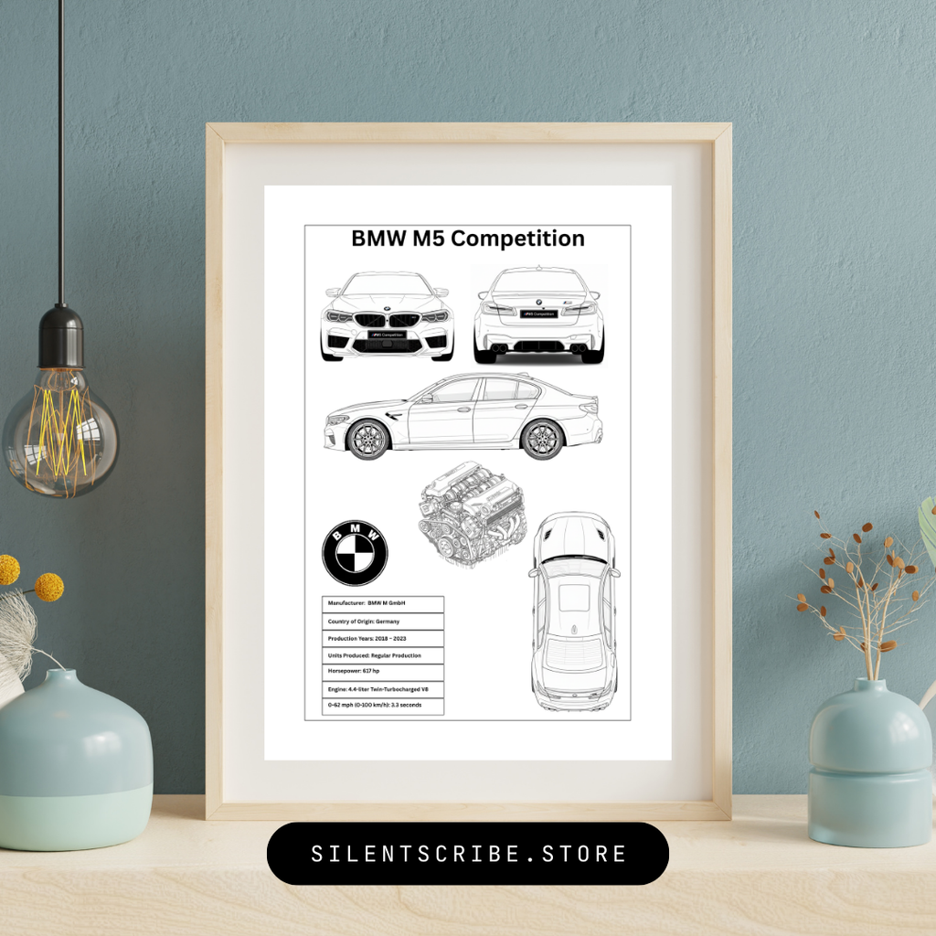 BMW M5 Competition Blueprint Drawing, Perfect Gift