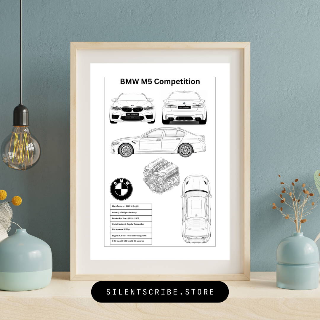 BMW M5 Competition Blueprint Drawing, Perfect Gift