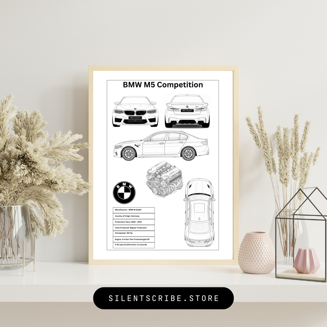 BMW M5 Competition Blueprint Drawing, Perfect Gift