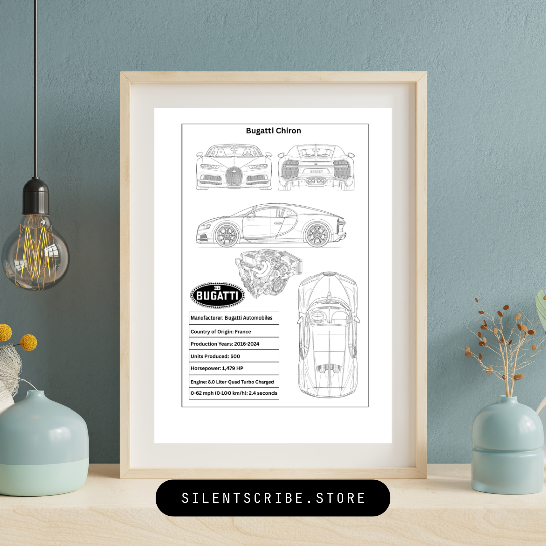 Bugatti Chiron | Pen-Plotted W16 Hypercar Technical Blueprint