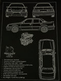 Technical drawing of a car with specifications on a black background