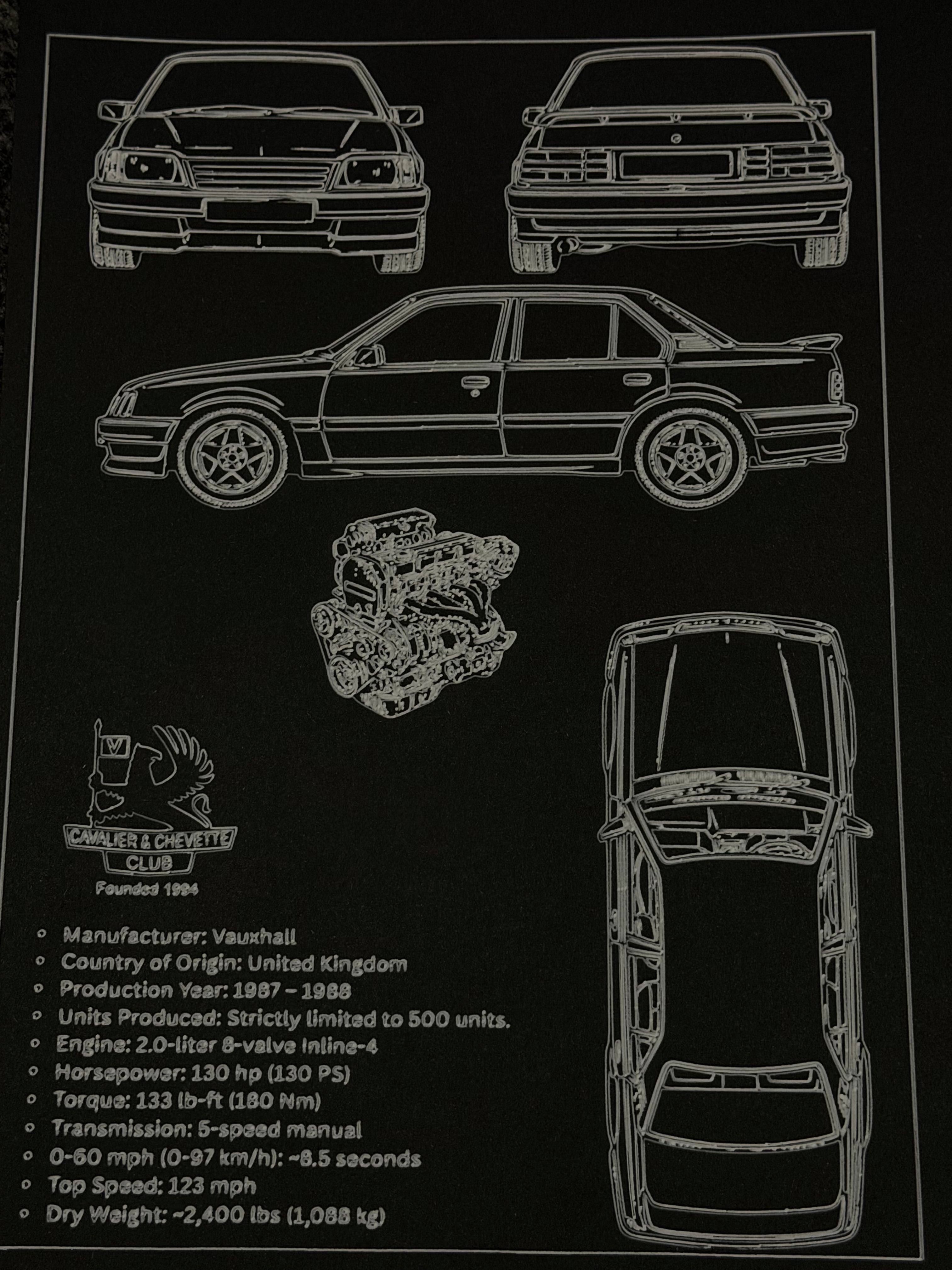 Technical drawing of a car with specifications on a black background