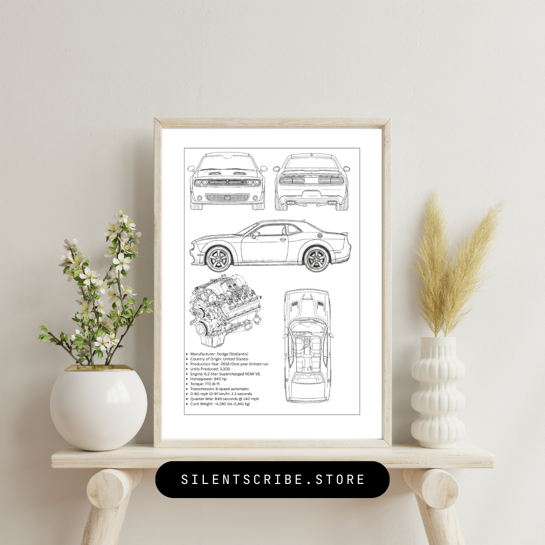 Challenger SRT Hellcat Blueprint Poster | Modern Muscle Car Technical Art | Pen Plotter Automotive Decor