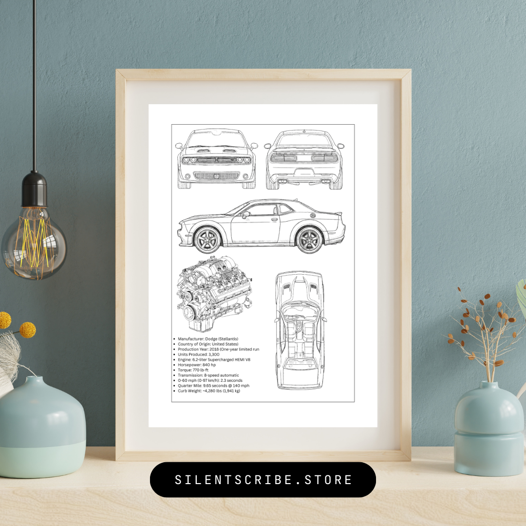 Challenger SRT Hellcat Blueprint Poster | Modern Muscle Car Technical Art | Pen Plotter Automotive Decor