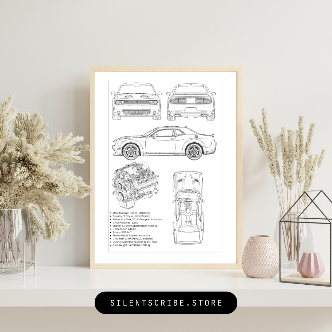 Challenger SRT Hellcat Blueprint Poster | Modern Muscle Car Technical Art | Pen Plotter Automotive Decor