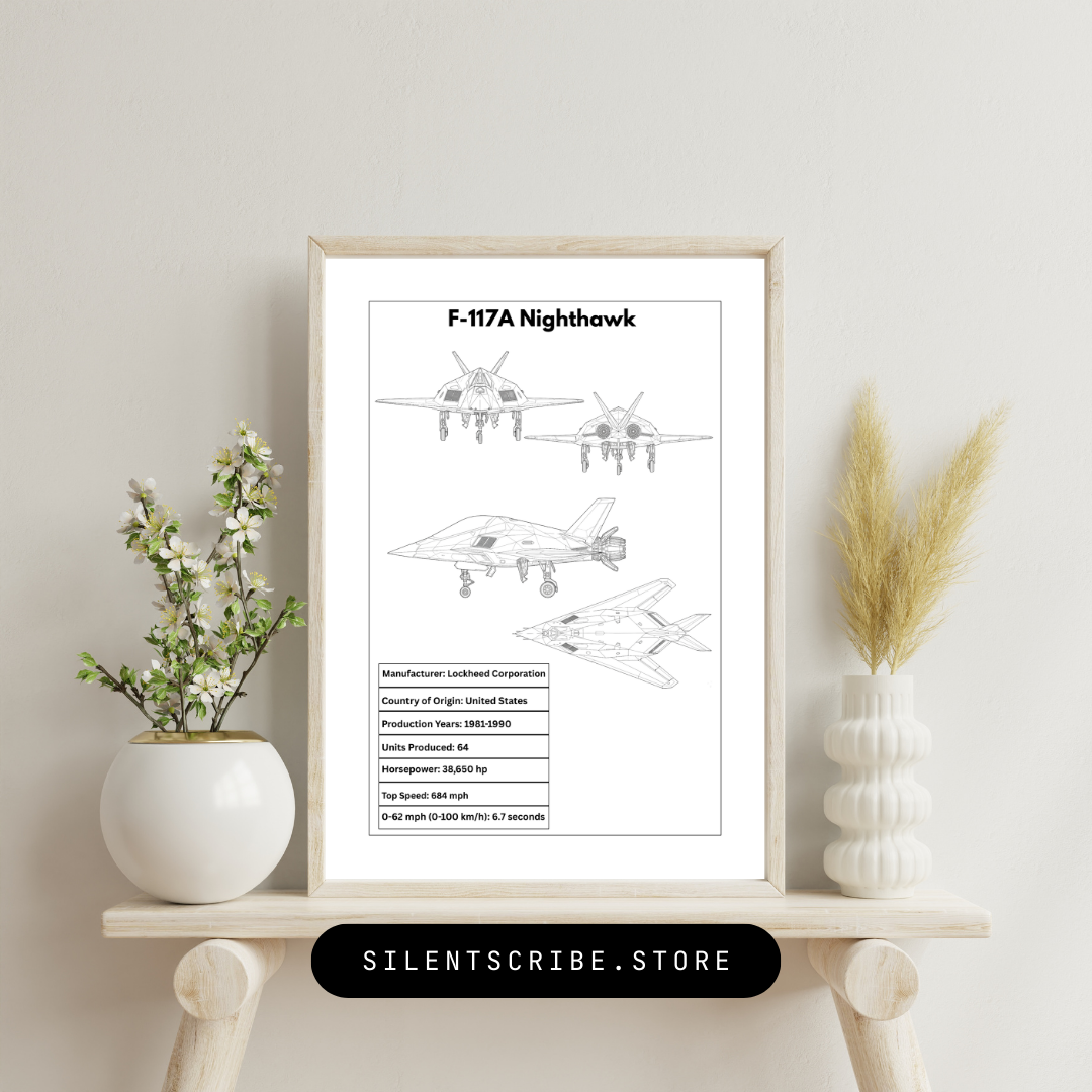 Framed print of F-117A Nighthawk aircraft design on a shelf with decorative plants.