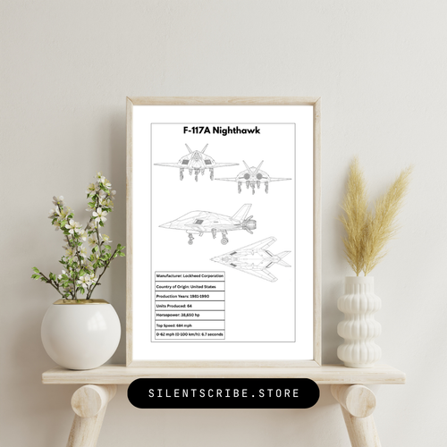 Framed print of F-117A Nighthawk aircraft design on a shelf with decorative plants.