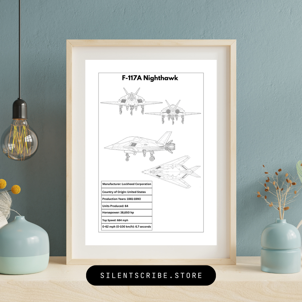 Framed print of F-117A Nighthawk aircraft design on a wall with decorative elements.