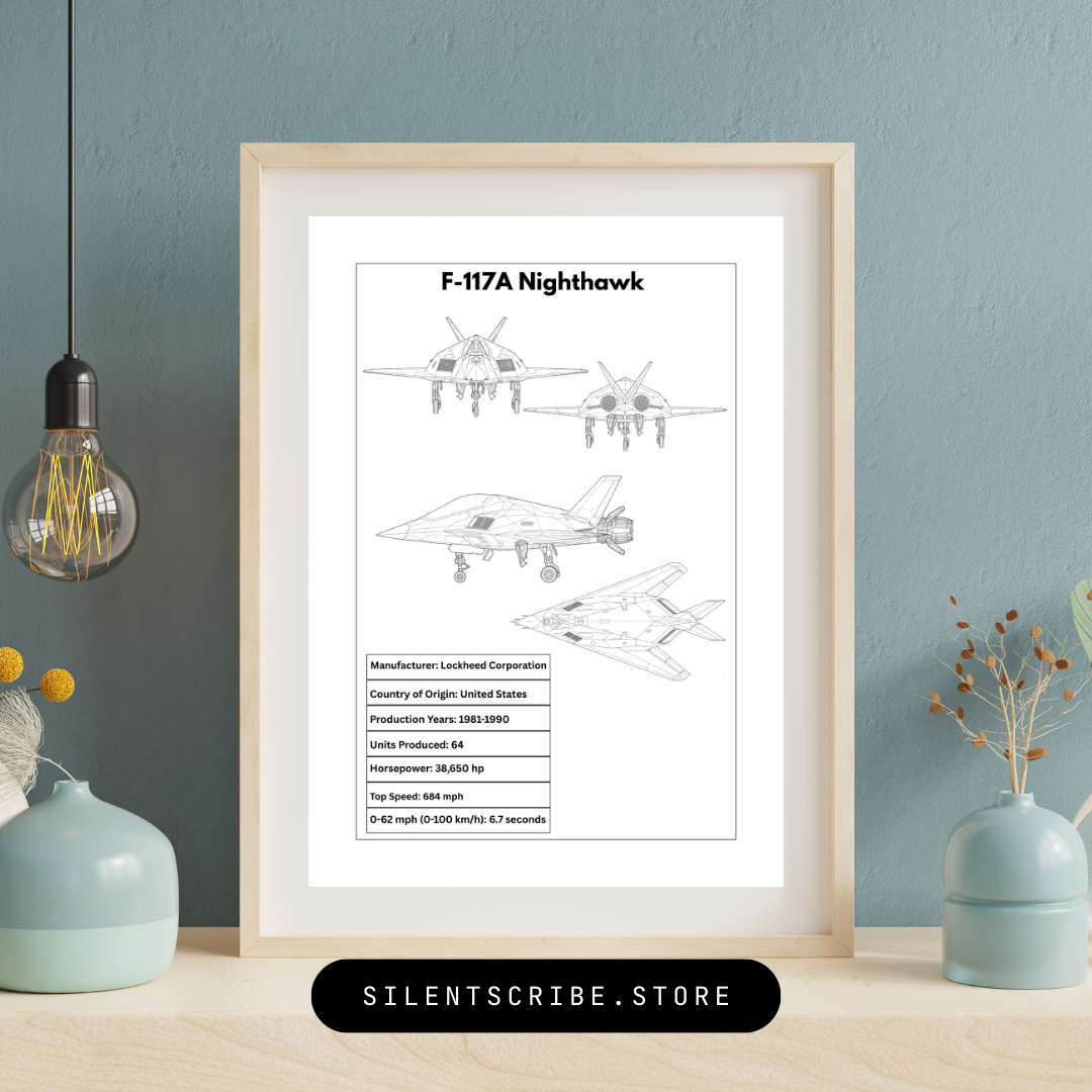 Framed print of F-117A Nighthawk aircraft design on a wall with decorative elements.