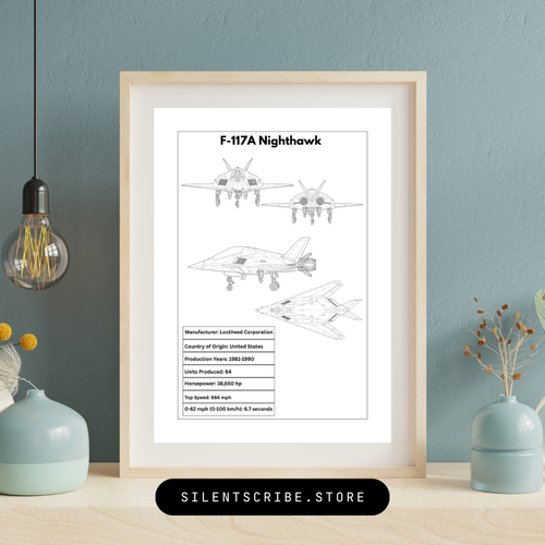 Framed print of F-117A Nighthawk aircraft design on a wall with decorative elements.