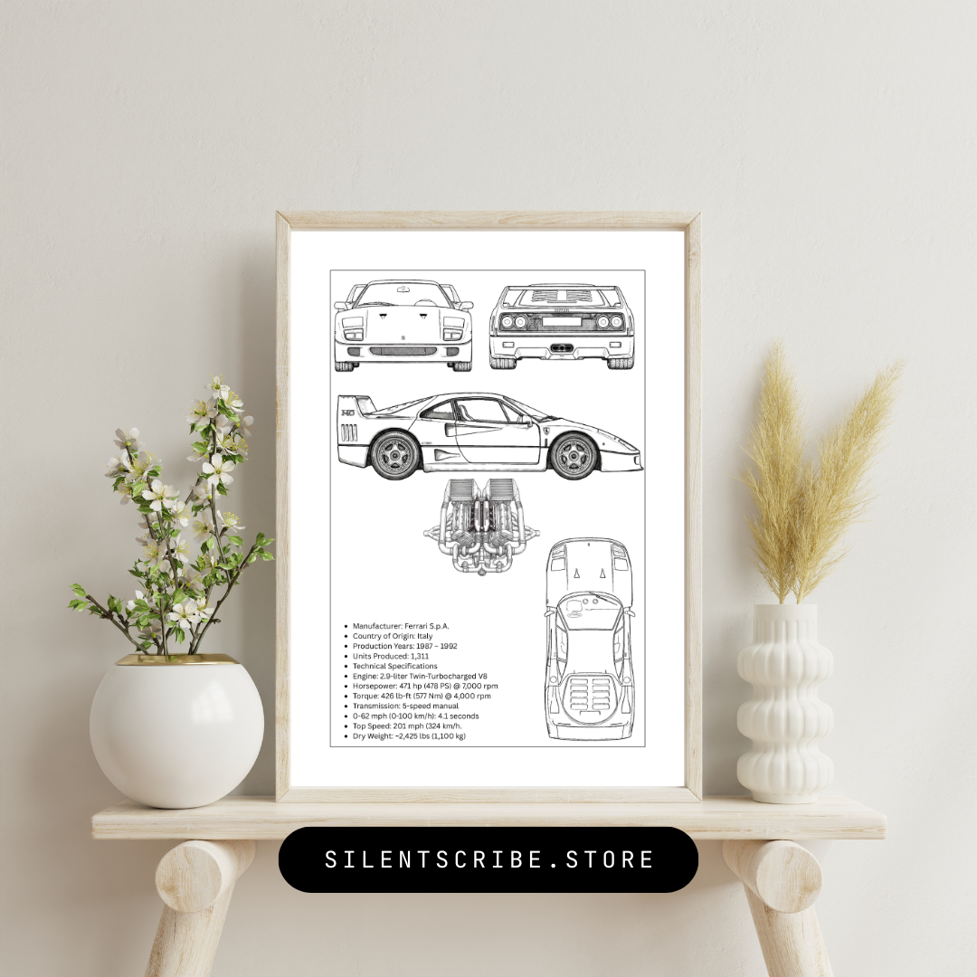 Ferrari F40 Blueprint Poster | Iconic Italian Supercar Technical Line Art | Pen Plotter Automotive Wall Decor