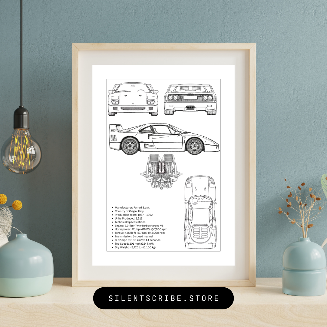 Ferrari F40 Blueprint Poster | Iconic Italian Supercar Technical Line Art | Pen Plotter Automotive Wall Decor