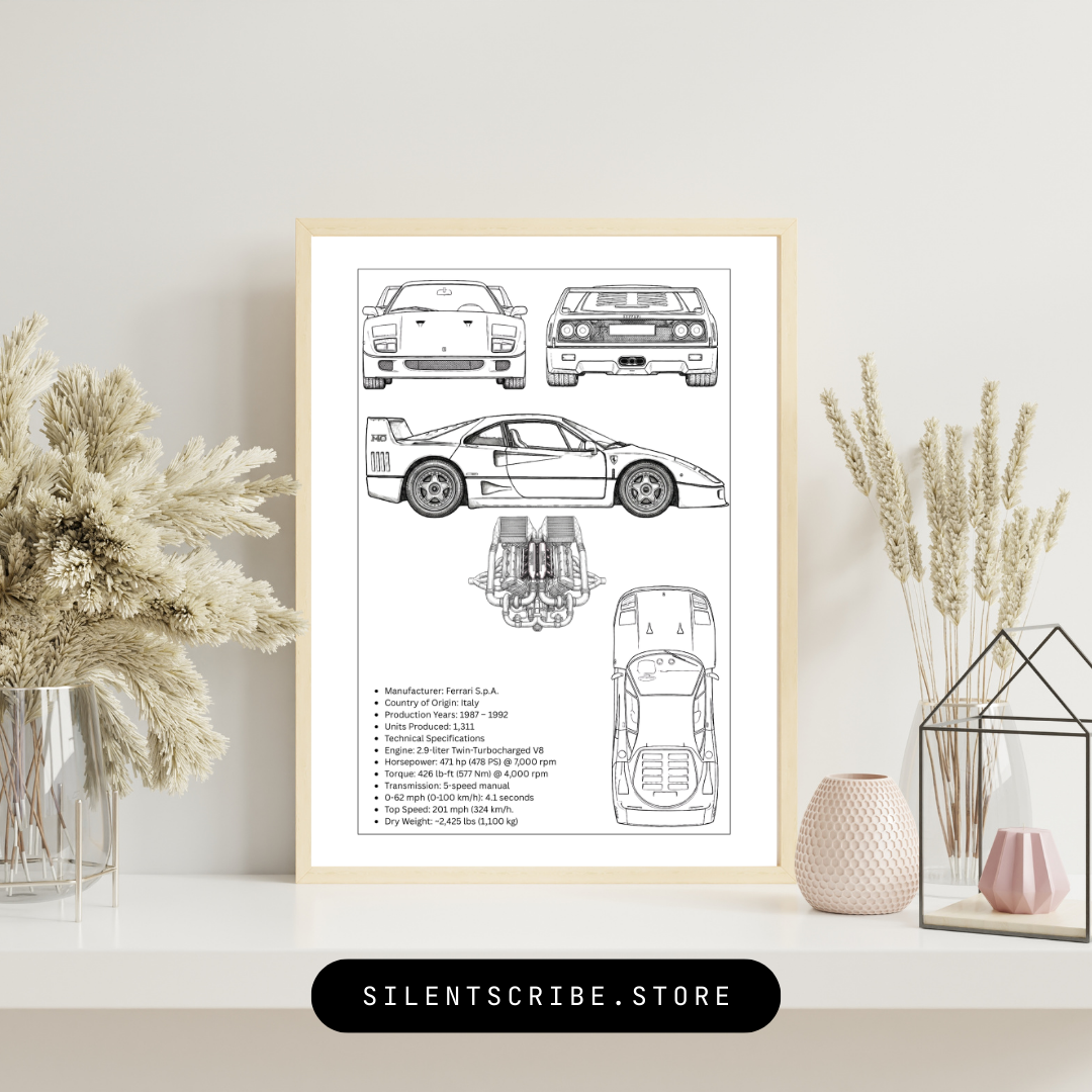 Ferrari F40 Blueprint Poster | Iconic Italian Supercar Technical Line Art | Pen Plotter Automotive Wall Decor