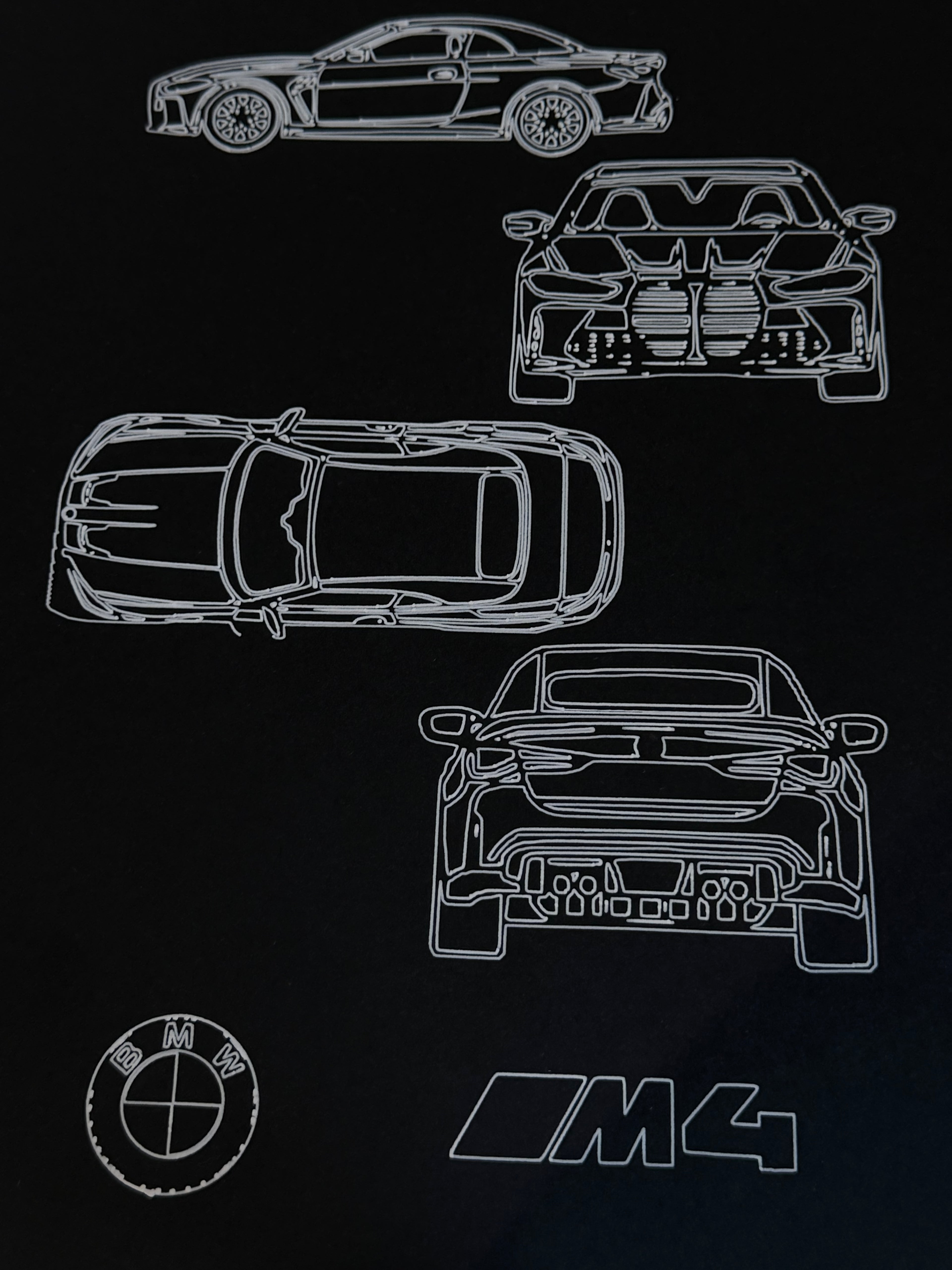 BMW M4 Blueprint Wall Art White Ink on Premium Black Card