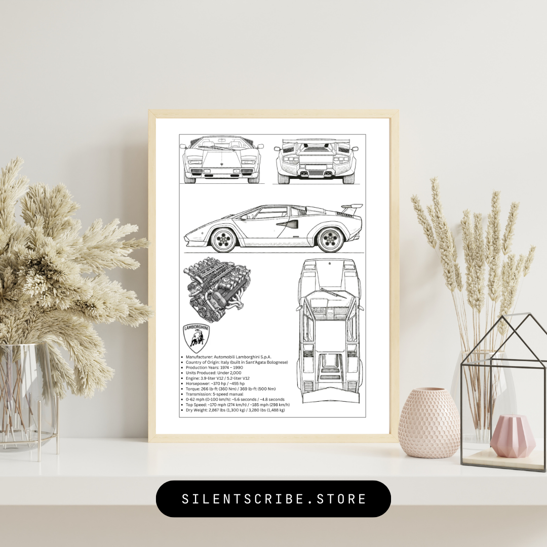 Lamborghini Countach Blueprint Poster | Retro Italian Supercar Technical Line Art | Pen Plotter Automotive Decor