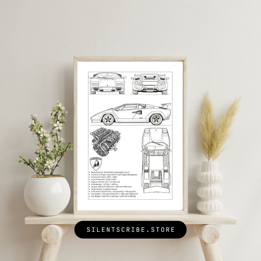 Lamborghini Countach Blueprint Poster | Retro Italian Supercar Technical Line Art | Pen Plotter Automotive Decor