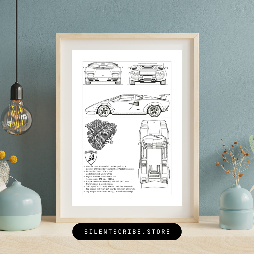 Lamborghini Countach Blueprint Poster | Retro Italian Supercar Technical Line Art | Pen Plotter Automotive Decor