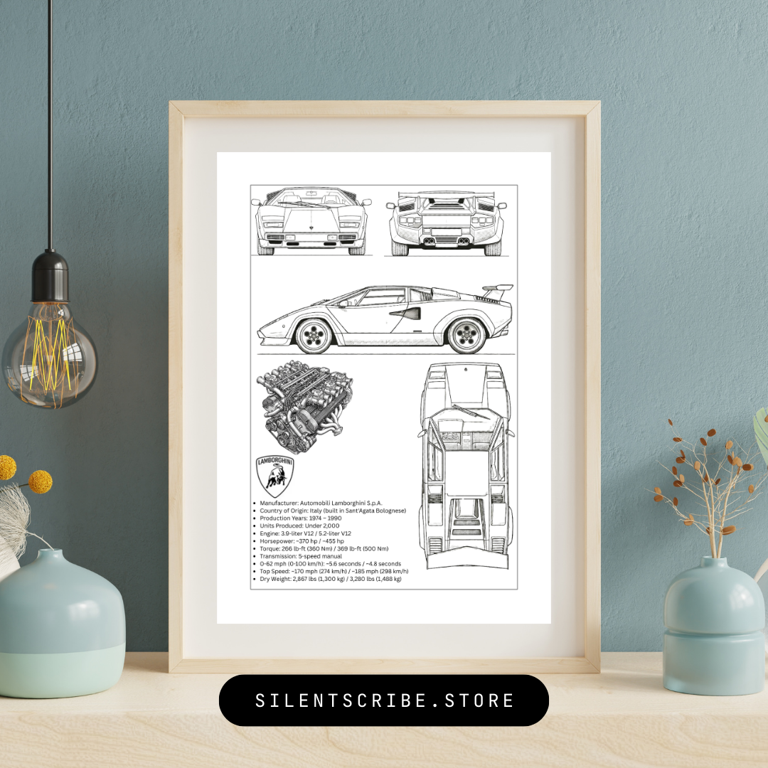 Lamborghini Countach Blueprint Poster | Retro Italian Supercar Technical Line Art | Pen Plotter Automotive Decor