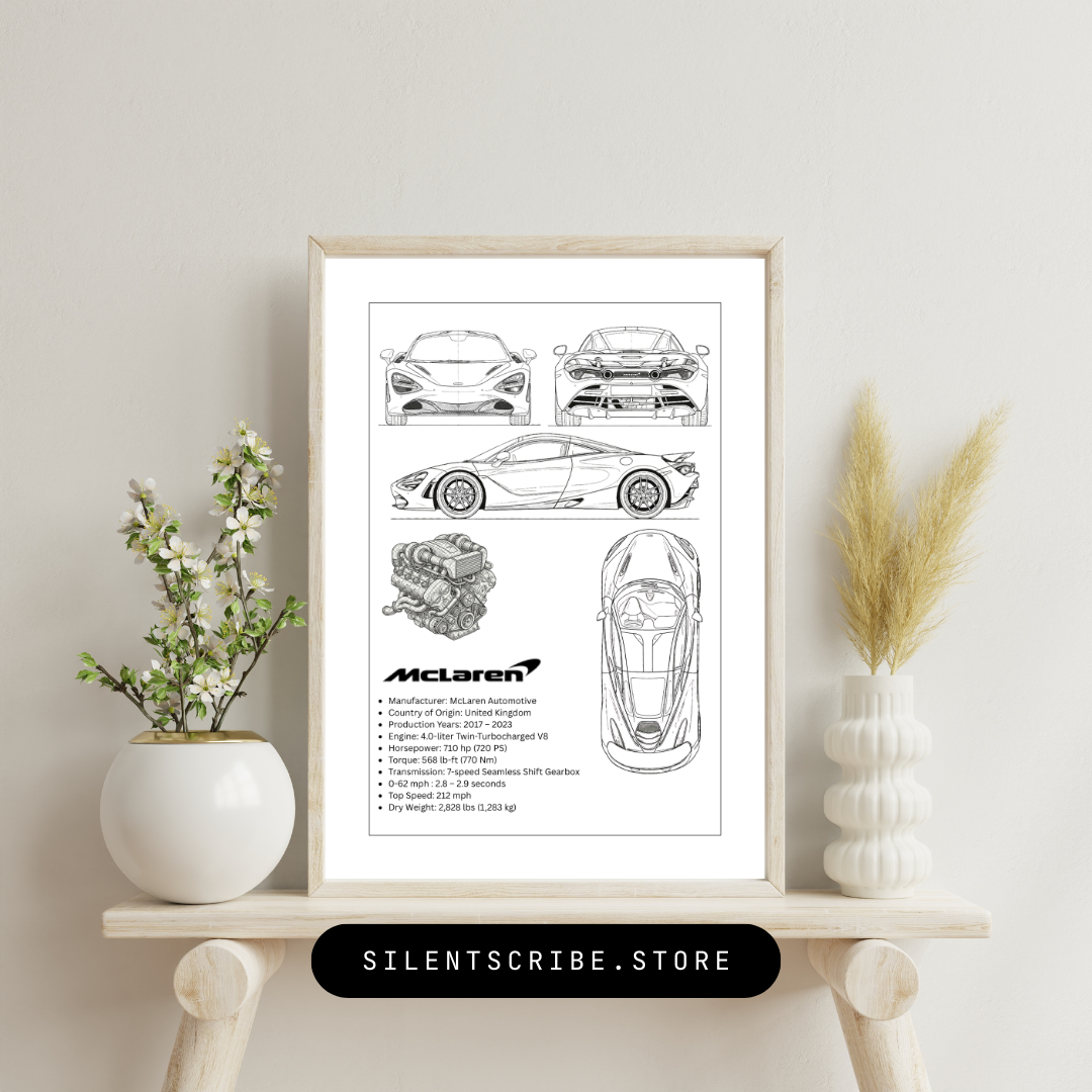 McLaren 720S Blueprint Poster | British Supercar Technical Line Art | Pen Plotter Automotive Wall Decor