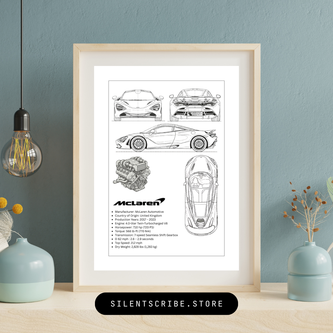 McLaren 720S Blueprint Poster | British Supercar Technical Line Art | Pen Plotter Automotive Wall Decor