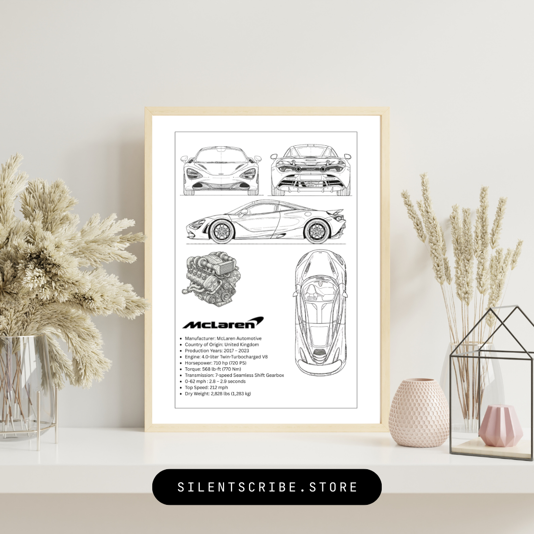 McLaren 720S Blueprint Poster | British Supercar Technical Line Art | Pen Plotter Automotive Wall Decor
