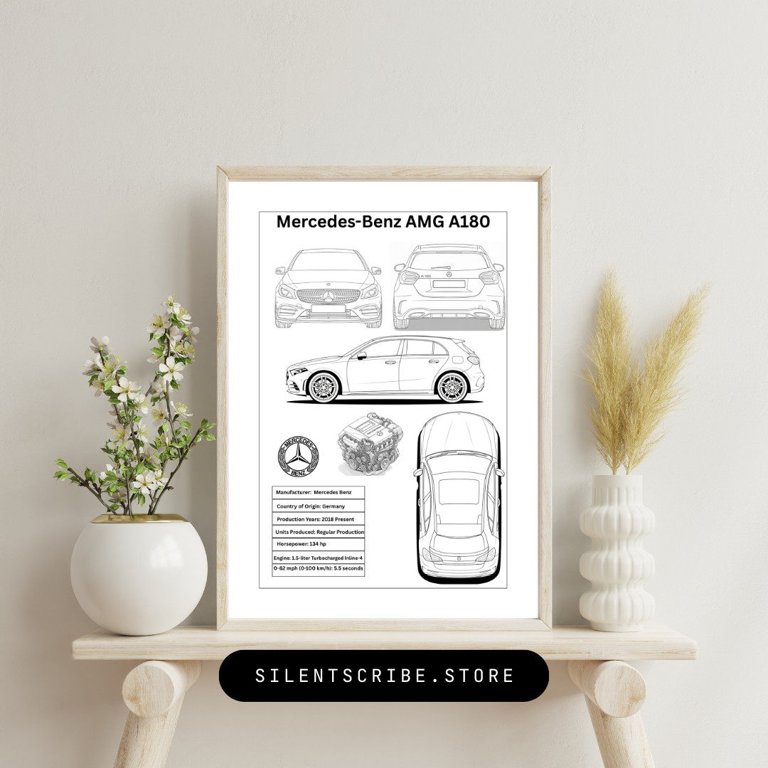 Framed Mercedes-Benz AMG A180 car blueprint on a shelf with decorative plants.