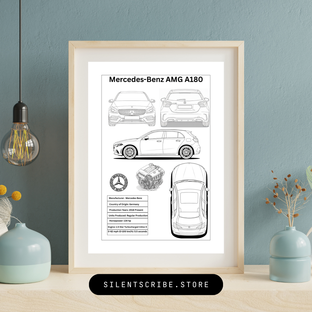 Framed Mercedes-Benz AMG A180 blueprint on a wall with decorative elements.