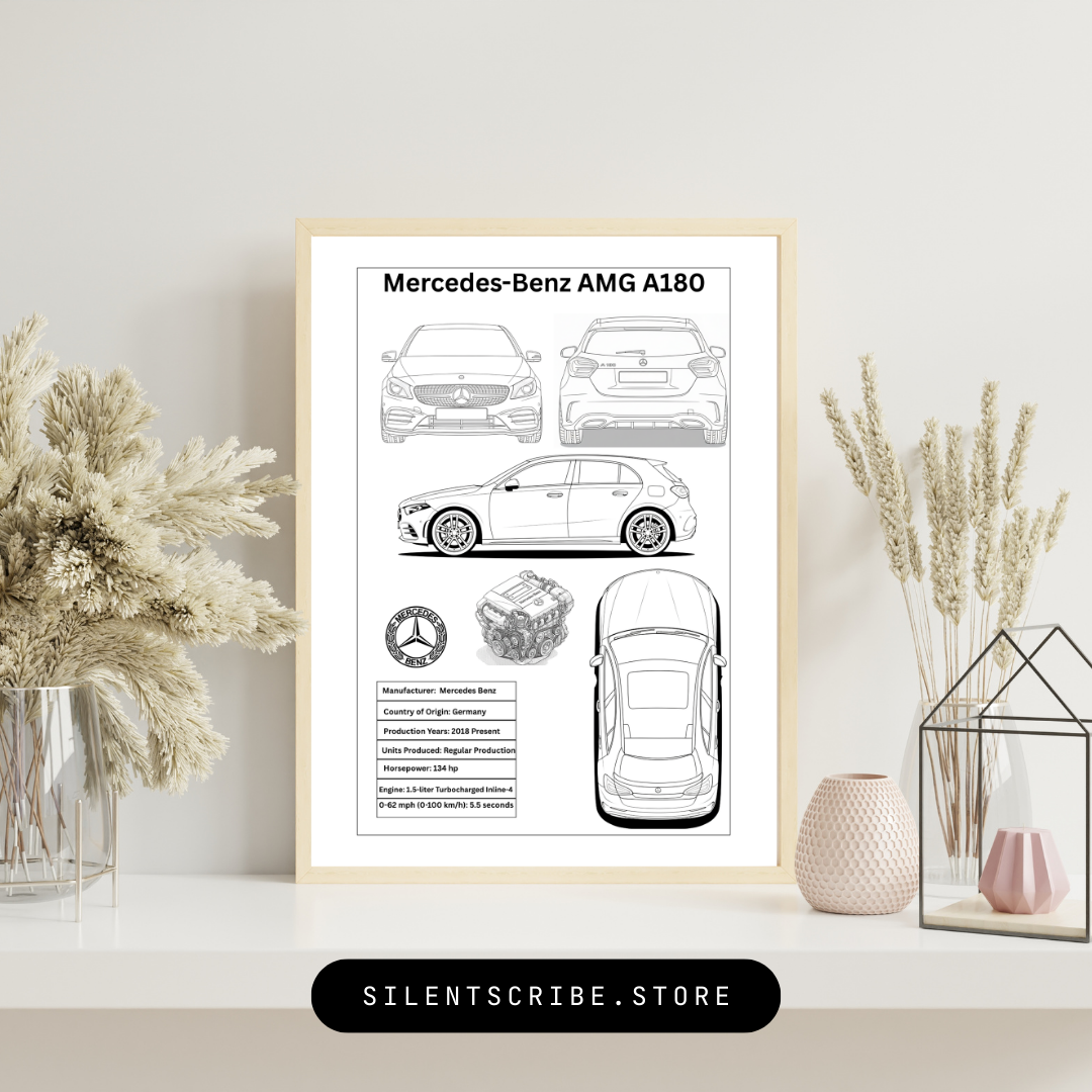 Framed Mercedes-Benz AMG A180 blueprint on a wall with decorative elements.