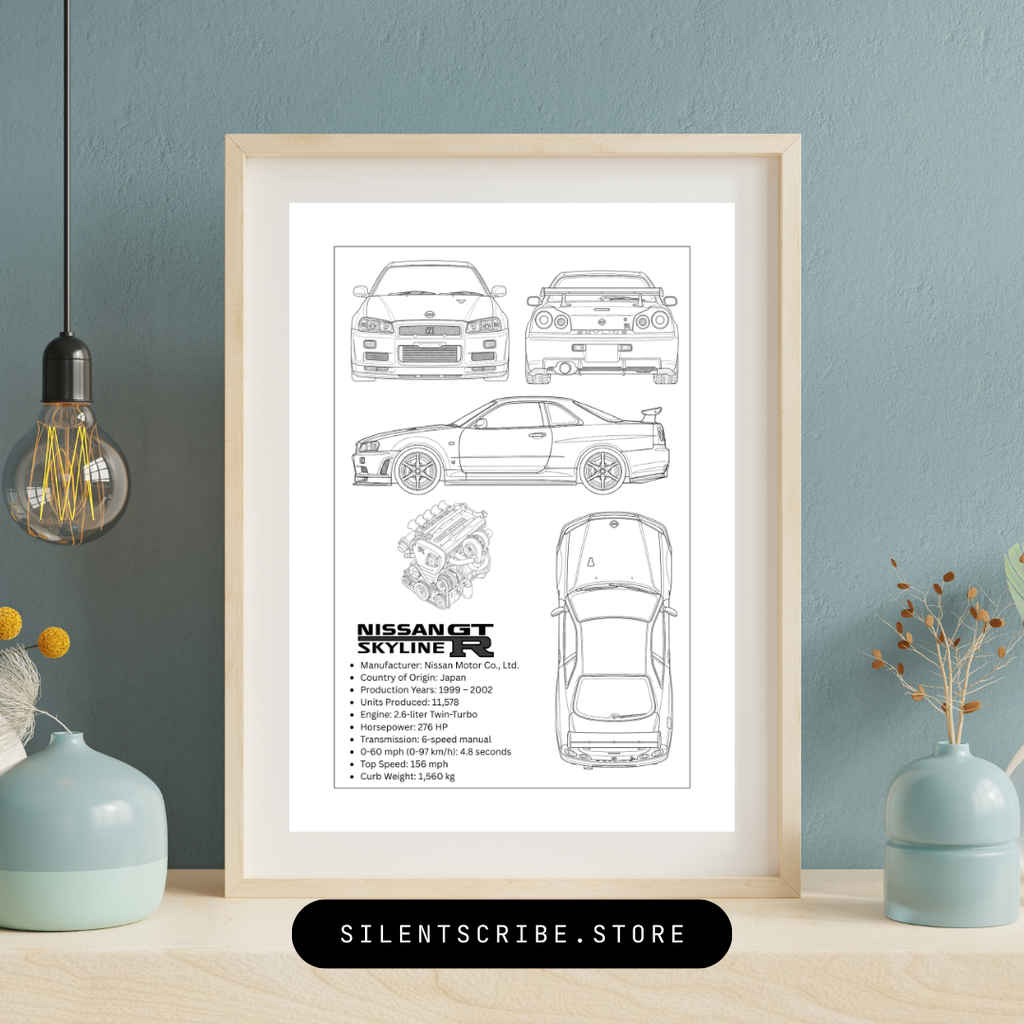 Framed Nissan Skyline blueprint on a wall with decorative elements.