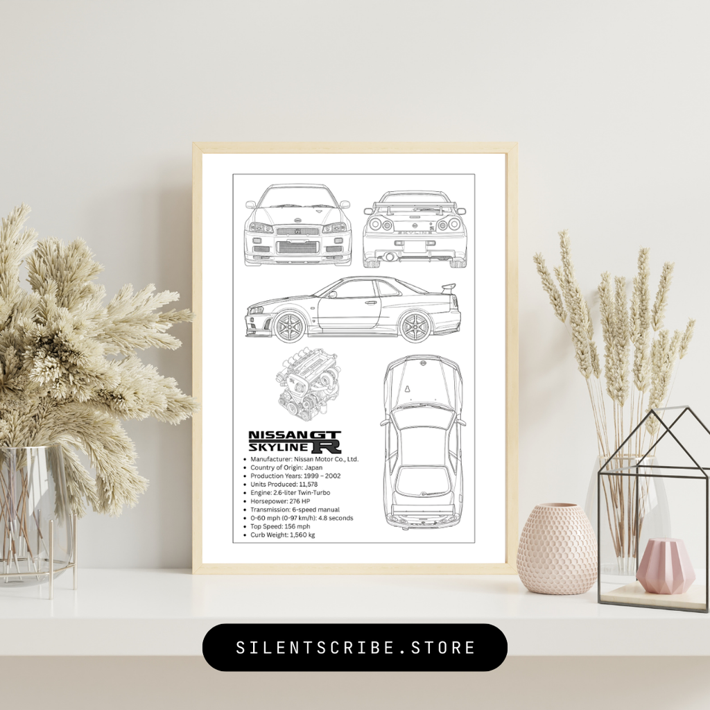 Framed Nissan Skyline R34 blueprint on a wall with decorative elements.