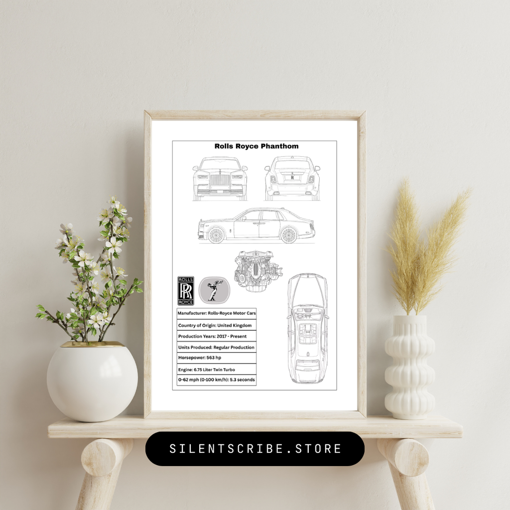 Framed Rolls Royce Phantom blueprint on a shelf with decorative plants.