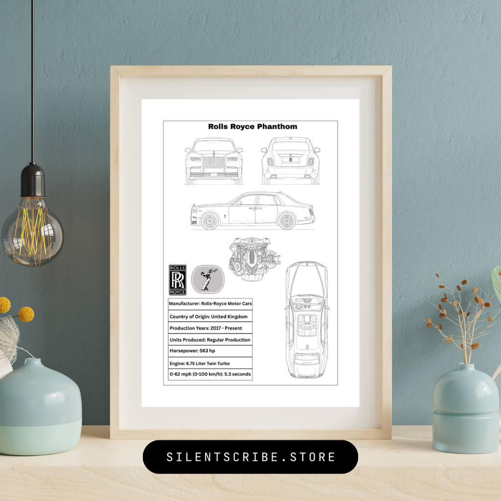 Framed blueprint of a Rolls Royce Phantom on a wall with decorative elements.