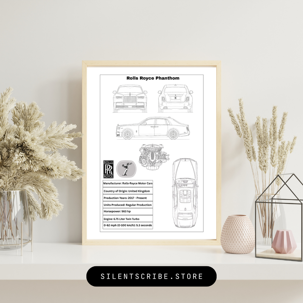 Framed Rolls Royce Phantom blueprint on a wall with decorative vases.