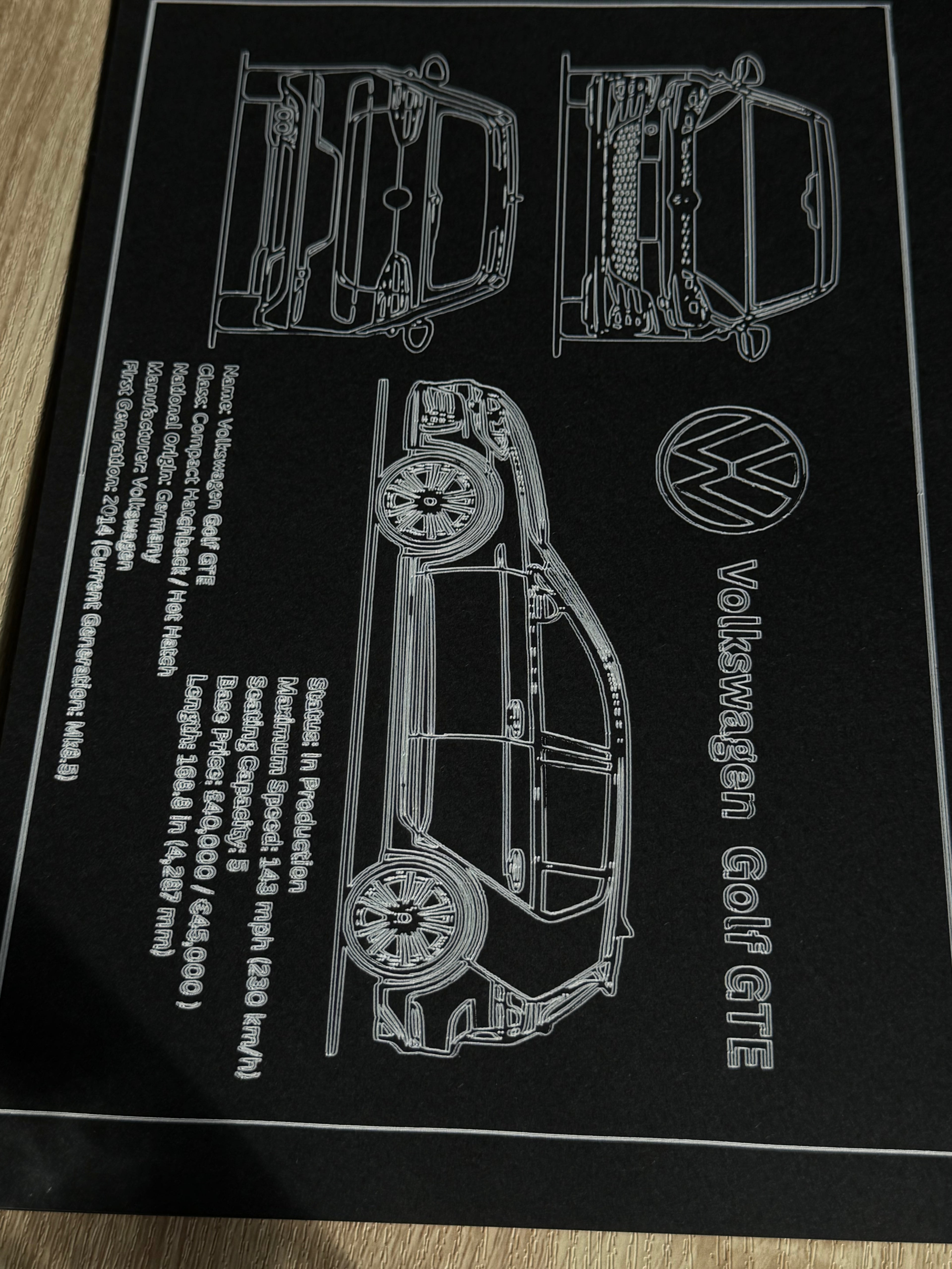 Technical drawing of a Volkswagen Golf GTE on a black background